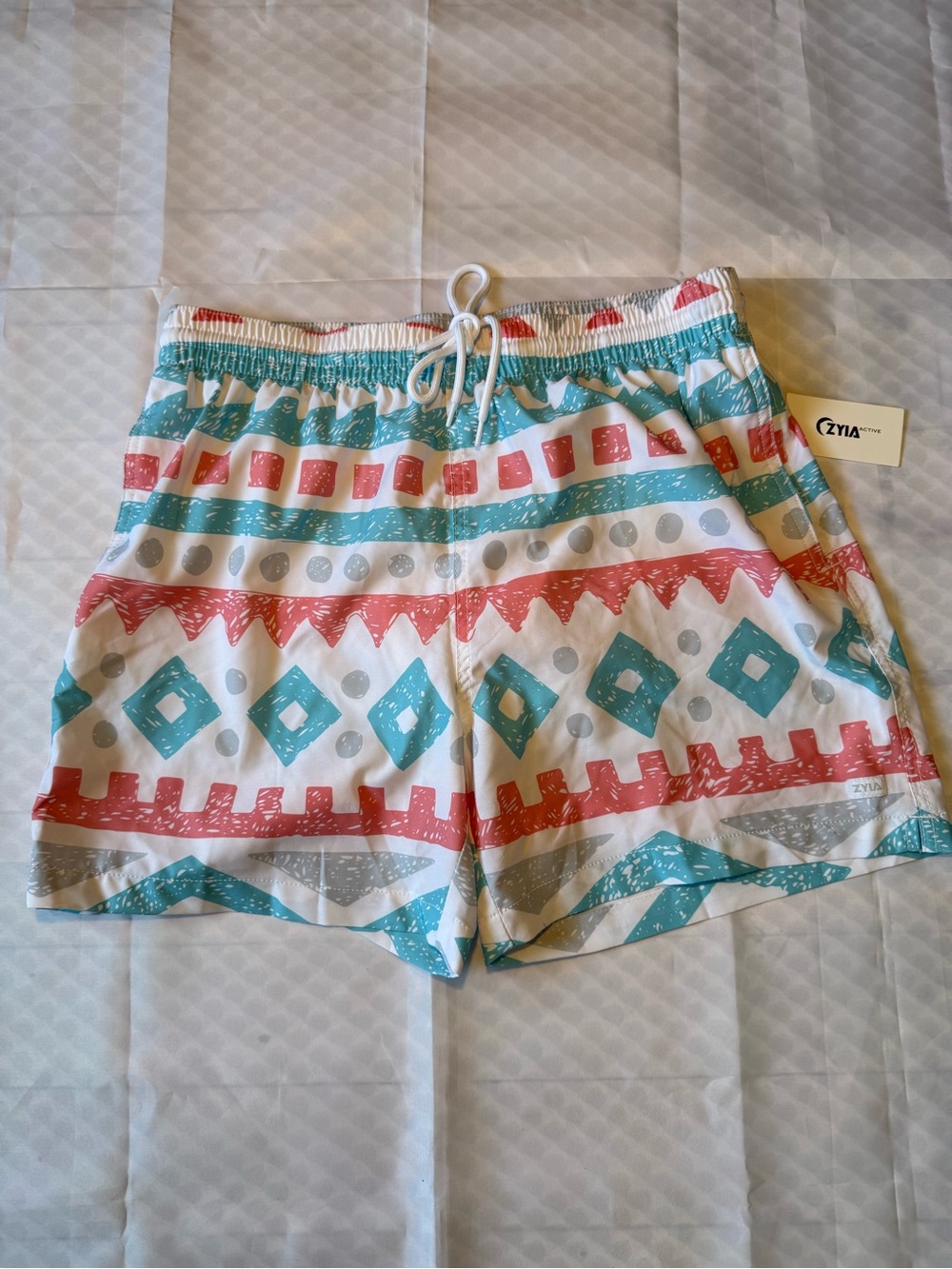 Zyia Active Mens Printed Drawstring Swim Shorts - White w/ Teal & Coral Pattern